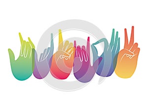 Signs with multicolored and grandient hands vector design