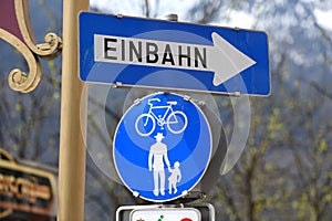 Signs one way, bike path and footpath in Bad Ischl, Austria, Europe