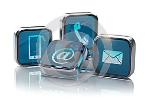 Signs of phone, mobile, letter and e-mail isolated on white. Contact us website page and internet concept.  Contact methods