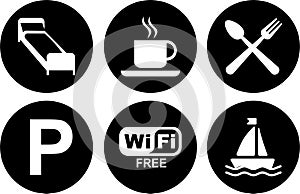 Signs, pictograms illustrating a restaurant, hotel, cafe, parking, internet, water sports