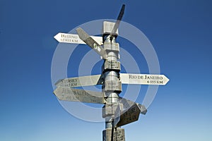 Signs point with mileage totals to Beijing, Jerusalem, Sydney at Cape Point, Cape of Good Hope, outside Cape Town, South Africa photo