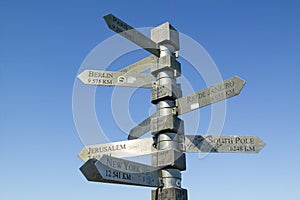 Signs point with mileage totals to Berlin, Jerusalem, New York, South Pole, Paris, Rio De Janeiro at Cape Point, Cape of Good Hope photo