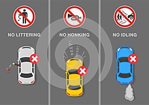 Signs and road markings meaning. `No littering`, `no honking` and `no idling` signs. Top view of city road. photo