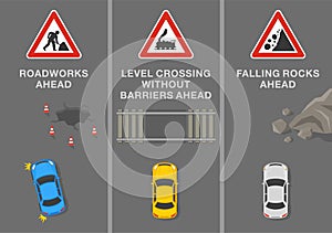 Signs and road markings meaning. `Roadworks ahead`, `level crossing without barriers` and `falling rocks` sign. Top view.