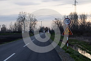 Signs on the road. Works on the bridge between Ernestinovo and Petrova Slatina, Slavonia, Croatia.