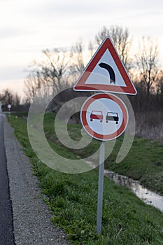 Signs on the road. Works on the bridge between Ernestinovo and Petrova Slatina, Slavonia, Croatia.