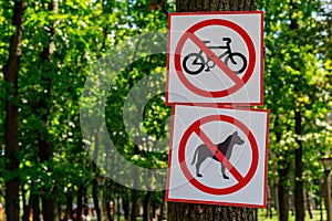 Signs with the rules of conduct in a public park. Background with copy space