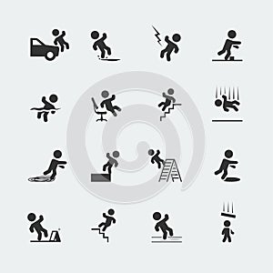 Signs showing a stick figure man and forms of trips, slips, and falls photo