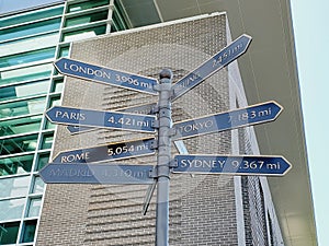 Signs that tell the direction and distance to go alone major cities