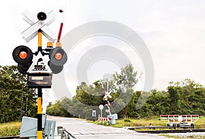 Signs train and track sign for train in the countryside where ra
