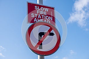 Signs warning of fire station ahead  and no right turn Saughall Massie February 2020