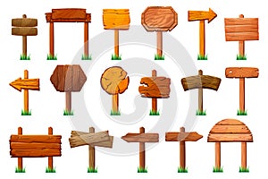 Signs on wood pillars isolated signboards pointers photo