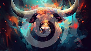 Bull head with horns and fire effect on colorful background. Digital painting