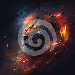 Lion head with fire effect on dark background, digital painting