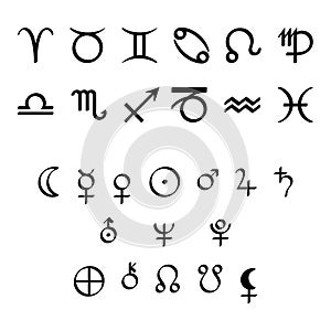 Signs of the zodiac and planetary symbols of astrology in calligraphic style