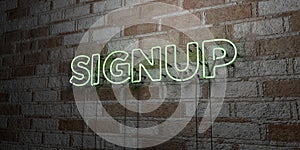 SIGNUP - Glowing Neon Sign on stonework wall - 3D rendered royalty free stock illustration