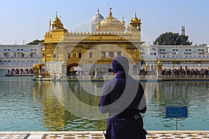 A sikh devotee follower praying at the Golden Temple Amritsar Punjab