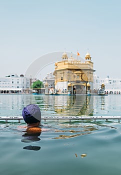 Sikh pilgrim praying in  holy tank near Golden Temple Sri Harmandir Sahib, Amritsar, INDIA