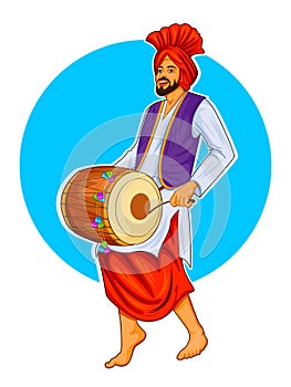 Sikh Punjabi Sardar playing dhol and dancing bhangra on holiday like Lohri or Vaisakhi