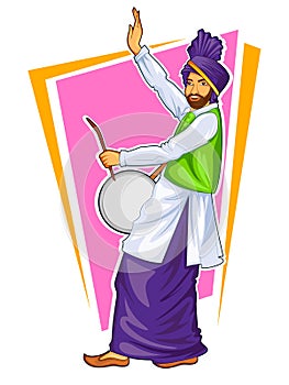 Sikh Punjabi Sardar playing dhol and dancing bhangra on holiday like Lohri or Vaisakhi