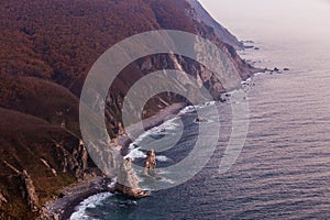 Sikhote-Alin Biosphere Reserve in the Primorsky Territory. Panoramic view of the rocky coastline of the nature reserve during pink