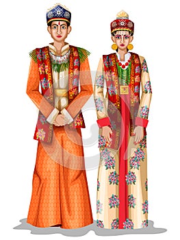 Sikkimese wedding couple in traditional costume of Sikkim, India photo