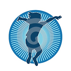 Energetic Girl Silhouette with Radiant Blue Sunburst Background