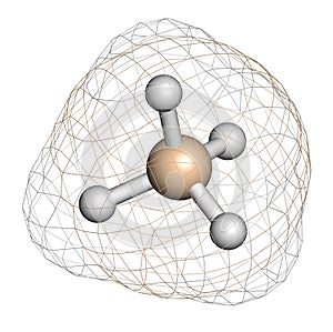 Silane SiH4 molecule. 3D rendering. Atoms are represented as spheres with conventional color coding: silicon beige, hydrogen photo