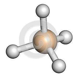 Silane SiH4 molecule. 3D rendering. Atoms are represented as spheres with conventional color coding: silicon beige, hydrogen photo