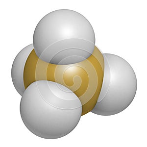 Silane (SiH4) molecule. 3D rendering. Atoms are represented as spheres with conventional color coding: silicon (yellow), hydrogen photo