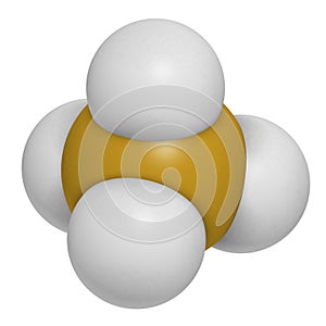 Silane (SiH4) molecule. 3D rendering. Atoms are represented as spheres with conventional color coding: silicon (yellow), hydrogen photo