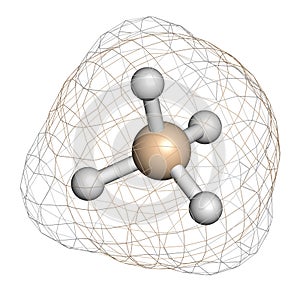Silane SiH4 molecule. 3D rendering. Atoms are represented as spheres with conventional color coding: silicon beige, hydrogen