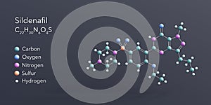 sildenafil molecule 3d rendering, flat molecular structure with chemical formula and atoms color coding photo