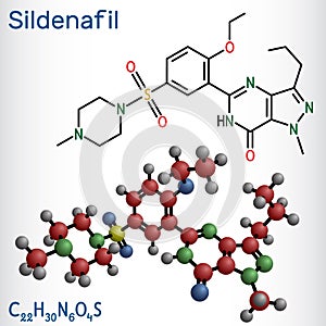 Sildenafil molecule. It is drug for the treatment of erectile dysfunction. Structural chemical formula, molecule model. Vector photo