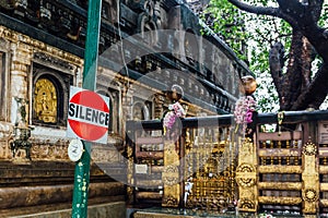 Silence sign of The Bodhi Tree near Mahabodhi Temple at Bodh Gaya, Bihar, India