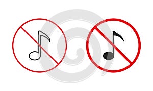 Silence Zone. Musical Note Prohibit Line And Silhouette Icons. No Music Allowed Warning Sign Set. No Sound Area, Not