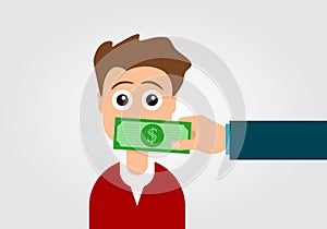 Silenced by money concept. Hand with dollar bill covering the man`s mouth.
