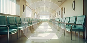 A silent, efficient hall in a state institution. Empty desks and chairs anticipate activity, creating a sterile void