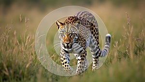 Silent Hunter Leopard Stalking Prey in Tall Grass