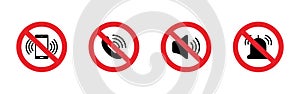 Silent mode set icon. Forbidden sign. Turn off sound pictogram. Prohibited signs for public place. Vector