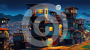 Silent night with a full moon over a quiet and peaceful favela neighborhood - generative AI