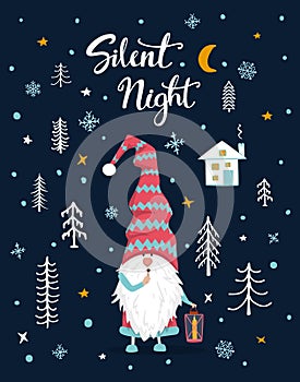 Silent night handwritten hand drawn xmas merry christmas greeting card with cute gnome