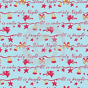 Silent night holy night lettering vector seamless pattern with angels playing on trompet and Christmas bells. Surface photo
