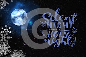 Silent night holy night   Christmas holiday  wishes quotes moon on starry sky greeting card banner copy space