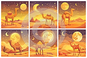 Silent Night A peaceful scene of a cartoon camel standing in a quiet desert under a starry night sky