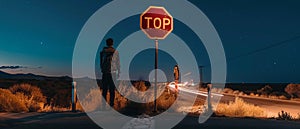 Silent Night Watcher: A Man at a Road Junction in Cabo de Gata, Almeria