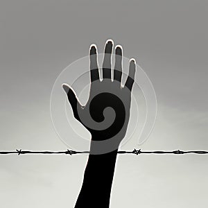 Silent plea Human hand silhouette reaches out, silently asking for help