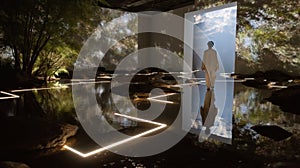 Silent Reflection: Human Presence near Projected Forest Lake photo