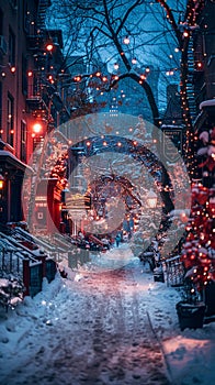 Silent snowy street under city lights