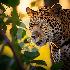 Silent Stalker: Majestic Jaguar and Vibrant Toucan in Golden Hour